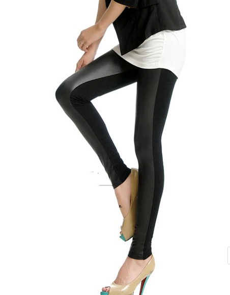 FREE SHIPPING Womens Fashion Leather Patch Legging for Women Jean Pants Long PU Faux Leather Cotton