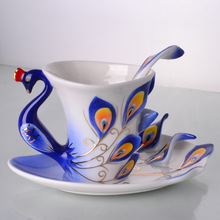 Wholesale Retail Sale Price Tea Coffe Cup Colorful Peacock Art Bottle Pottery 200ml Drinking Set Free Shipping