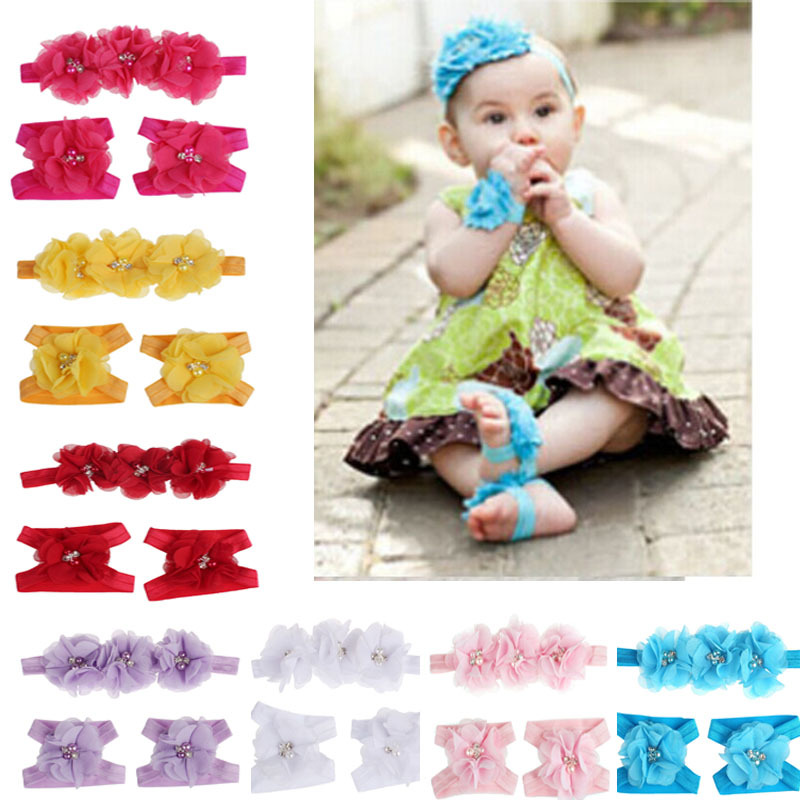 Feitong Stylish Pretty Foot Flower Colorful Foot Flower Barefoot Sandals Headband Set for Baby Infants Girls