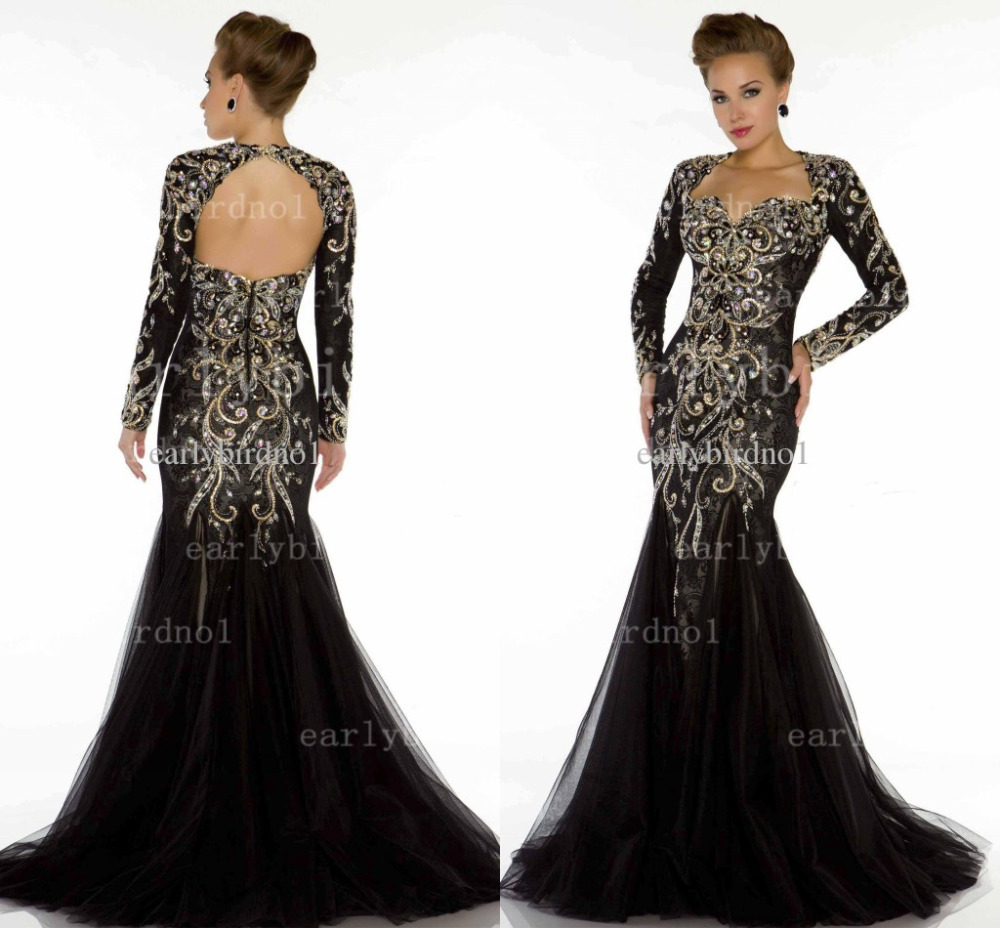 -Evening-Dresses-Long-Sleeve-Sequins-Rhinestones-Black-Vintage-Prom ...