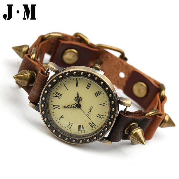 J M European Punk Rock Mens Watches Soft Leather Bronze Patchwork Watchband Vintage Watch Spikes Rivets