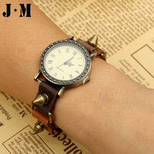 J M European Punk Rock Mens Watches Soft Leather Bronze Patchwork Watchband Vintage Watch Spikes Rivets