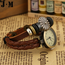 J M 3 Layers Brown Braided Leather Bracelet Small Dial Wristwatches Women Really Cow Leather Vintage