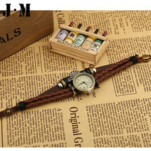 J M 3 Layers Brown Braided Leather Bracelet Small Dial Wristwatches Women Really Cow Leather Vintage
