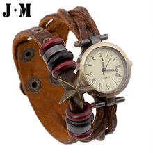 J&M- 2015 New Design Round Quartz Watch For Women Vintage Lychee Emboss Braided Star Bangle Watch Genuine Leather Bracelet Watch