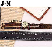 J M 2015 New Design Round Quartz Watch For Women Vintage Lychee Emboss Braided Star Bangle