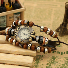 J M Casual Watch Women Dress Wrist Watch 2014 Fashion Multilayer Wooden Alloy Beads Leather Bracelet