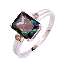 Wholesale Uuisex Jewelry Emerald Cut Mysterious Rainbow Topaz White Topaz 925 Silver Ring Size 6 7 8 9 10 Free Shipping