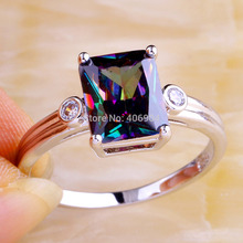 Wholesale Uuisex Jewelry Emerald Cut Mysterious Rainbow Topaz White Topaz 925 Silver Ring Size 6 7