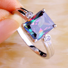 Wholesale Uuisex Jewelry Emerald Cut Mysterious Rainbow Topaz White Topaz 925 Silver Ring Size 6 7