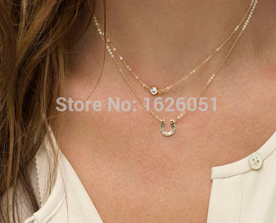Fashion New Gold Plated 2layers Geometric Metal Sequined U Shape Necklaces for Women for Love Lucky
