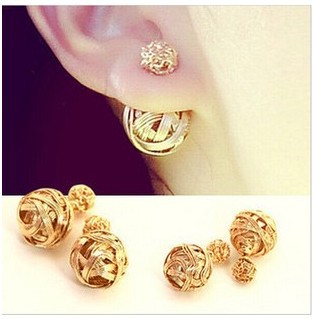 Hot Selling New 2015 Fashion Double Sides Pearl Earring Two Gold Ball Stud Earrings For Girls