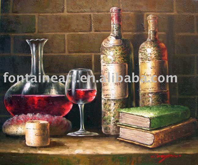 Wine oil painting Painting.jpg Vintage handmade Bottles Glass Books Oil Cellar bottles glass