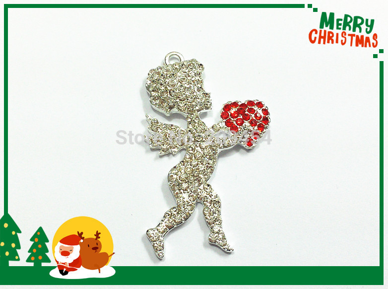 Newest 50mm 33mm 10pcs lot Clear Cupid With Red Heart Rhinestone Pendants For Valentine s Day