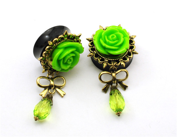 New 11 size mixed 1 pair bright green rose Crystal Pendants Ear gauges plugs and Tunnels