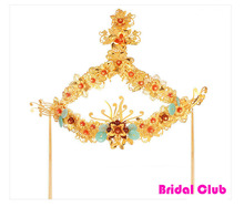 Unique Luxury Gold Plated Chinese Wedding Hair Accessories Red Flower Mixed Tiaras and Crowns Marriage hairwear