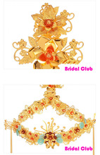 Unique Luxury Gold Plated Chinese Wedding Hair Accessories Red Flower Mixed Tiaras and Crowns Marriage hairwear