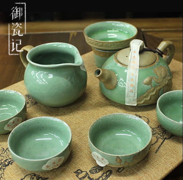 Tea set pottery that made by traditional handicraft of carving with six tea cups one tea