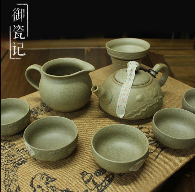 Chinese porcelain tea set with six tea cups and one tea pot in gift packing