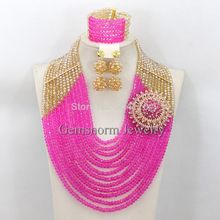 Gorgous Fuchsia Pink Nigerian Wedding Brides Gift Jewelry Set Dubai Gold Jewelry Set 24K Hot Free