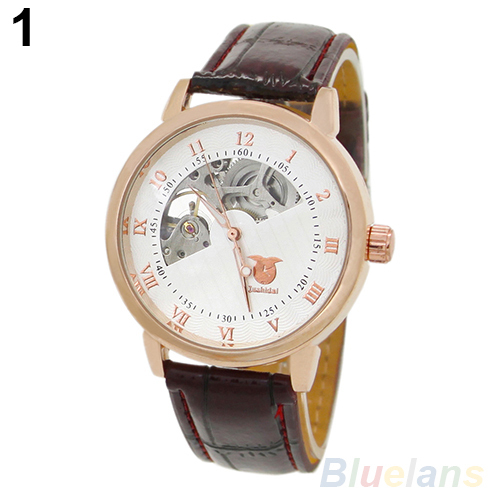 Men Mechanical Skeleton Dial Stainless Steel Case Faux Leather Band WristWatches 2D4S