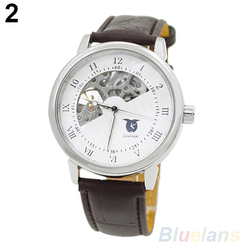 Men Mechanical Skeleton Dial Stainless Steel Case Faux Leather Band WristWatches 2D4S