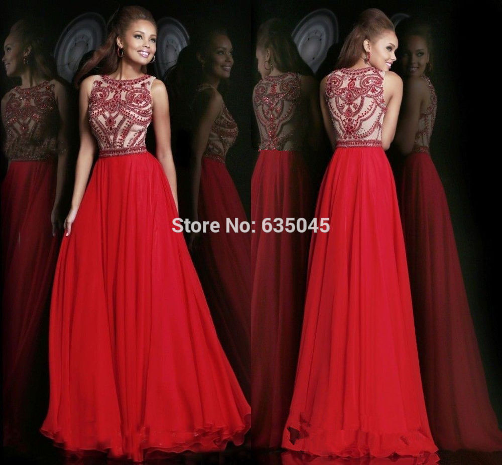 2015 New Custom Made Robe De Soiree Bright Red Chiffon Beaded Crystal Long Evening Dress Prom