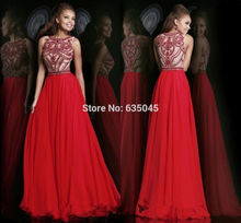 2015 New Custom Made Robe De Soiree Bright Red Chiffon Beaded Crystal Long Evening Dress Prom