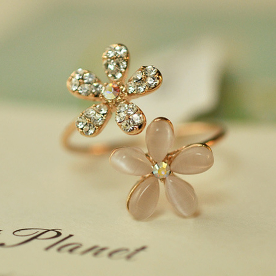 Opal Double Daisy Flower Adjustable Ring Cute Brand Design Rhinestone Hot Sale Rings For Women Fine