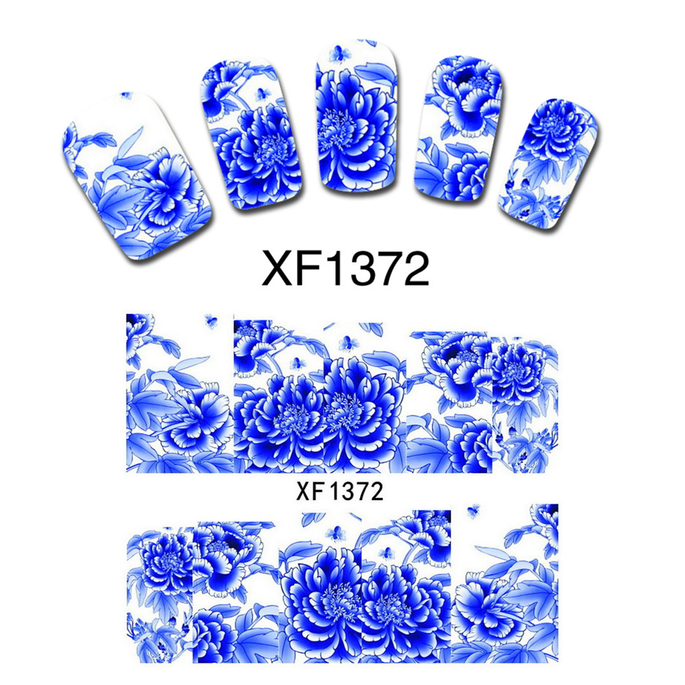 Blue Peony Flower False Nail Art Accessory Tips Wrap Decals Water Transfer Wraps Stickers DIY XF1372