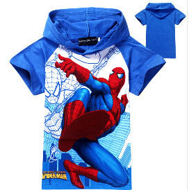 2015 New Spiderman Boys T shirt Children s Cartoon Fashion Hooded Super Hero T shirt Summer