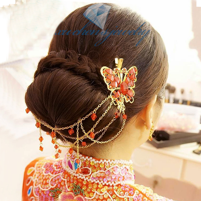 FREE SHIPPING Chinese style flying butterfly red bride accessories tassel hair accessory marriage hair jewelry