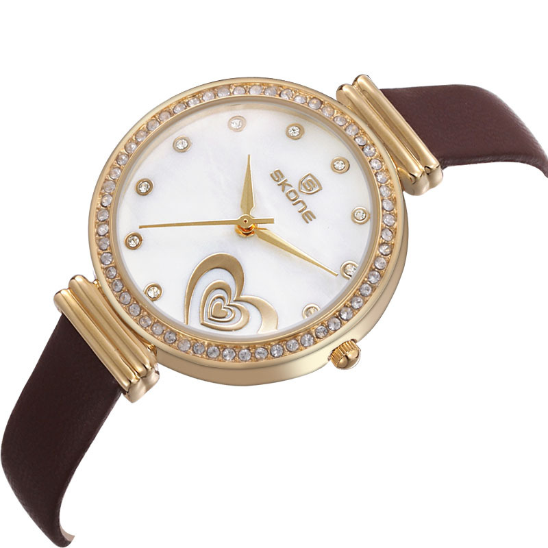 SKONE Brand Gold Plated Crystal Decoration Female Wrist Watch Heart Print Excellent Jewelry Gift For Wife