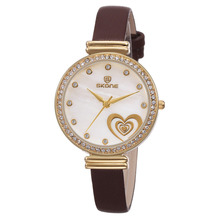 SKONE Brand Gold Plated Crystal Decoration Female Wrist Watch Heart Print Excellent Jewelry Gift For Wife