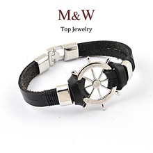 Fashion Men’s Jewelry Titanium Steel Rudder Charm Genuine Leather Bracelet for Man