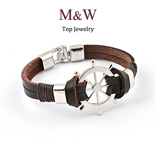 Fashion Men s Jewelry Titanium Steel Rudder Charm Genuine Leather Bracelet for Man