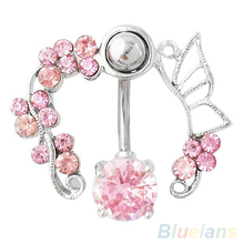 Pink Butterfly Crystal Flower Belly Ring Navel Studs Body Piercing Jewelry