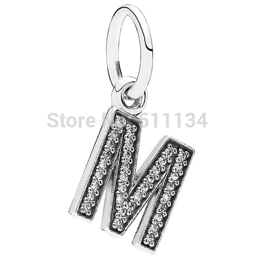 925 Sterling Silver Bead Fit Pandora Charm Bracelet Necklace Authentic European Clear CZ Dangle Letter M