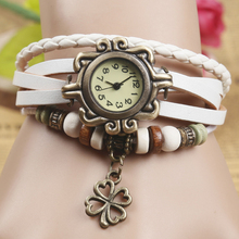 Free shipping Top Quality Women Leather Vintage Bracelet Watch Wristwatches Wing lucky A clover Pandent Retro
