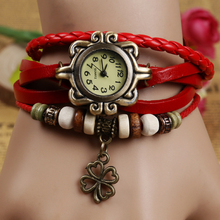 Free shipping Top Quality Women Leather Vintage Bracelet Watch Wristwatches Wing lucky A clover Pandent Retro
