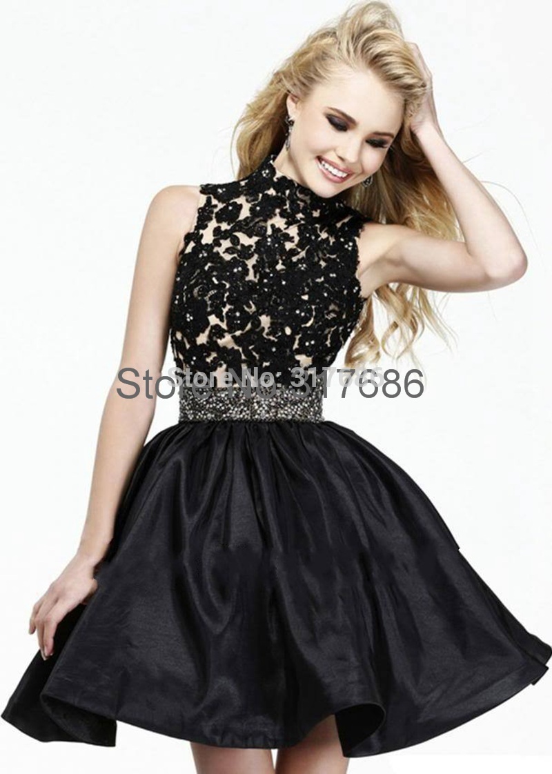 Black Prom Dresses Lace High Neck Party Dresses 2015 Beading Prom Gown ...