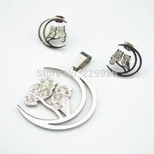 SS1233 Stainless Steel Love Heart Honey Couple Owl Pendant Necklace and Earring Jewelry Set Silver Plated