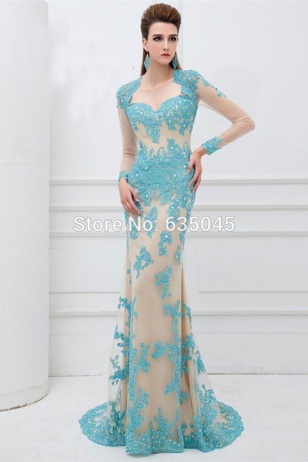 2015 New Custom Made Vestido Longo Elegant Long Sleeve Tulle Beaded Applique Lace Evening Dress Robe