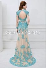 2015 New Custom Made Vestido Longo Elegant Long Sleeve Tulle Beaded Applique Lace Evening Dress Robe