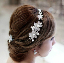 Ladies Silver Rhinestone Bridal Wedding Flower Pearls Headband Hair Clip Comb