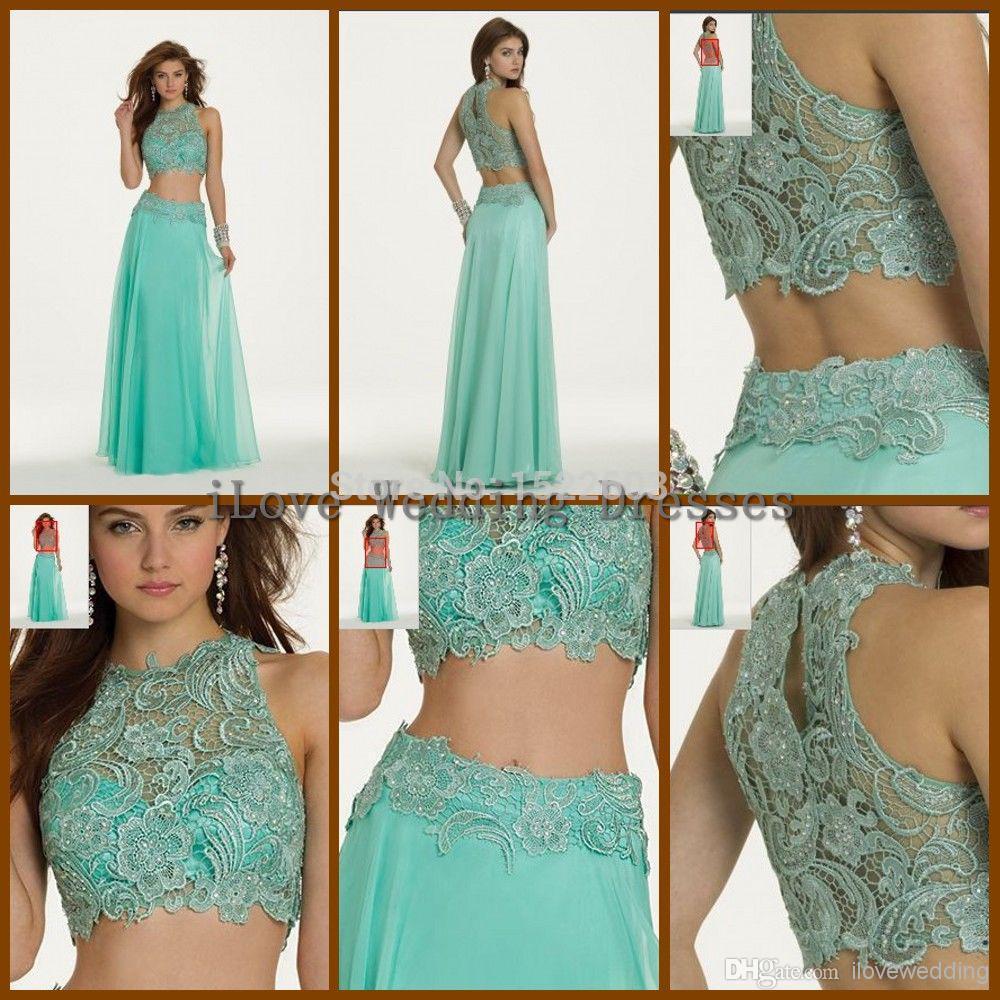 Lace Two Piece Prom Dresses Crew Neck Light Hunter Green Party Gowns ...