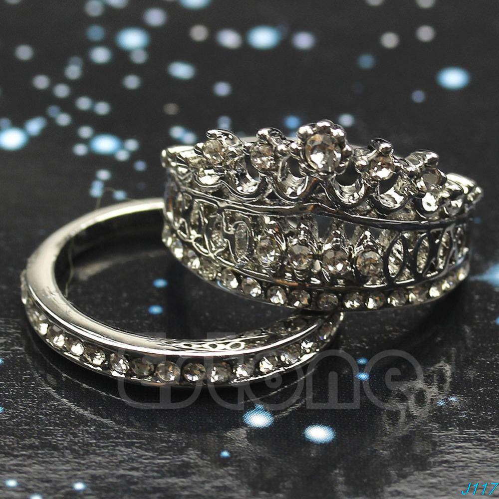 Women Silver Plated White Sapphire Gem Crown Wedding Band Ring Set ...