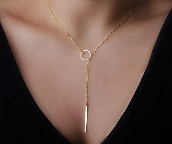 New Hot Unique Charming Gold Tone Bar Circle Lariat Necklace Womens 18 K Gold Chain Pendant