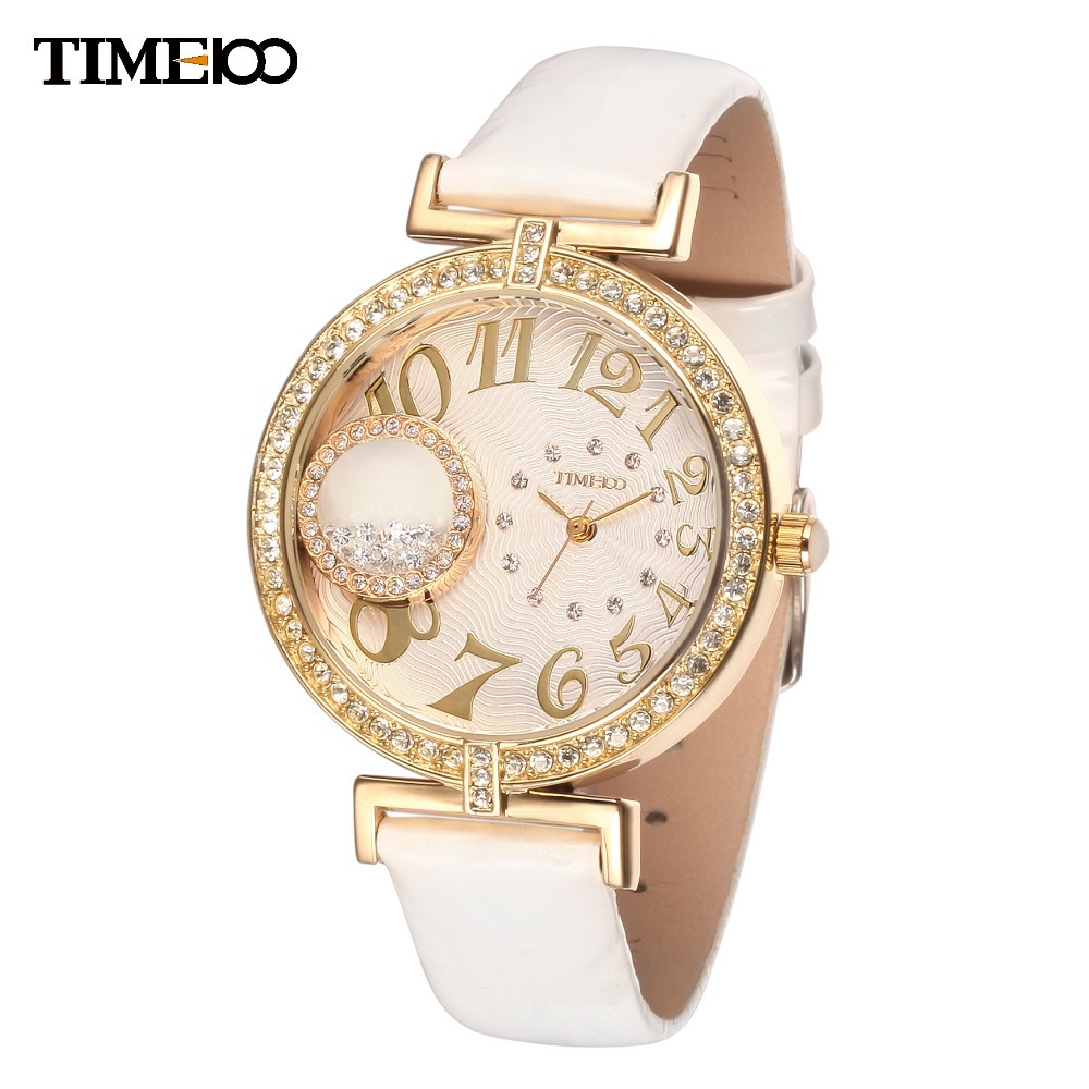 TIME100 Ladies Jewelry Diamond Big Round Case Quartz Watches Reloj Mujer Rhinestone Leather Strap Women Dress