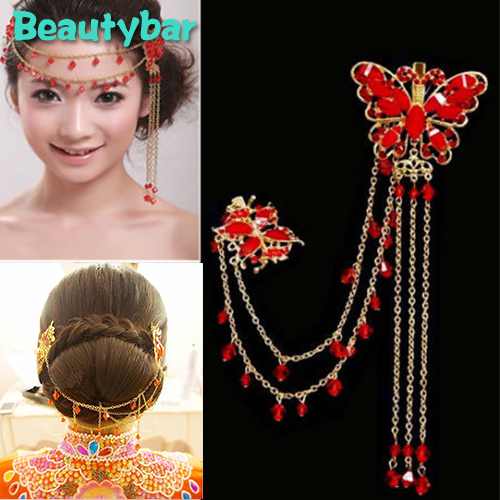 Vinatge Bridal Pageant Butterfly Headdress Prom Wedding Hair Accessories Tassel Decorate Red White